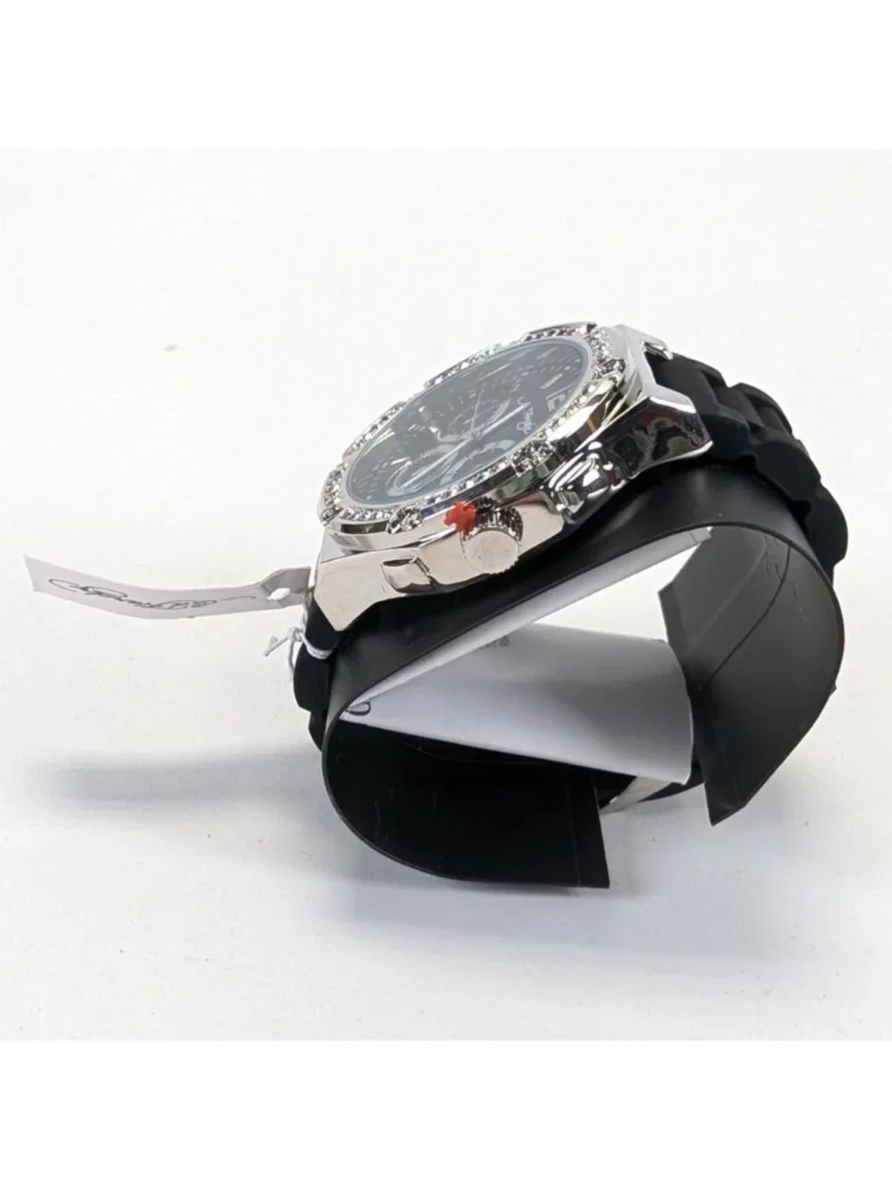Ed Hardy Mens Black Dial Watch Rhinestone Bezel w Silicone Band NIB